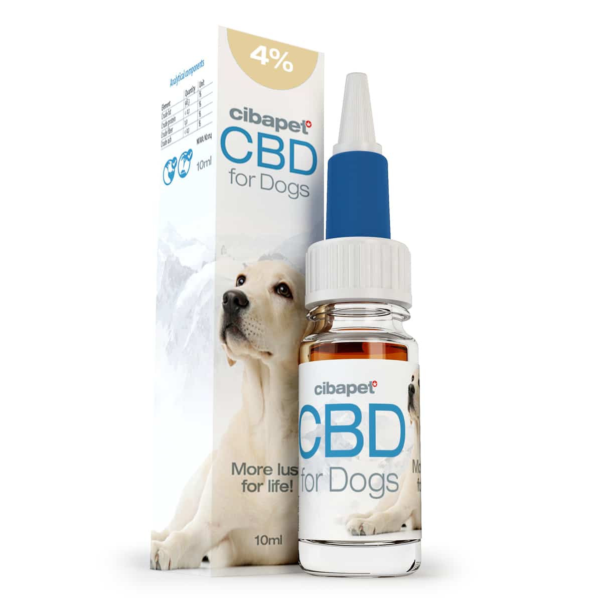 une bouteille de cbd pour chiens à côté d'une boîte.