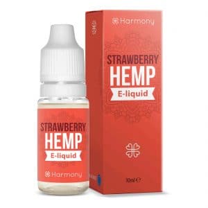 une bouteille de e-liquide au chanvre fraise à côté d'une boîte.