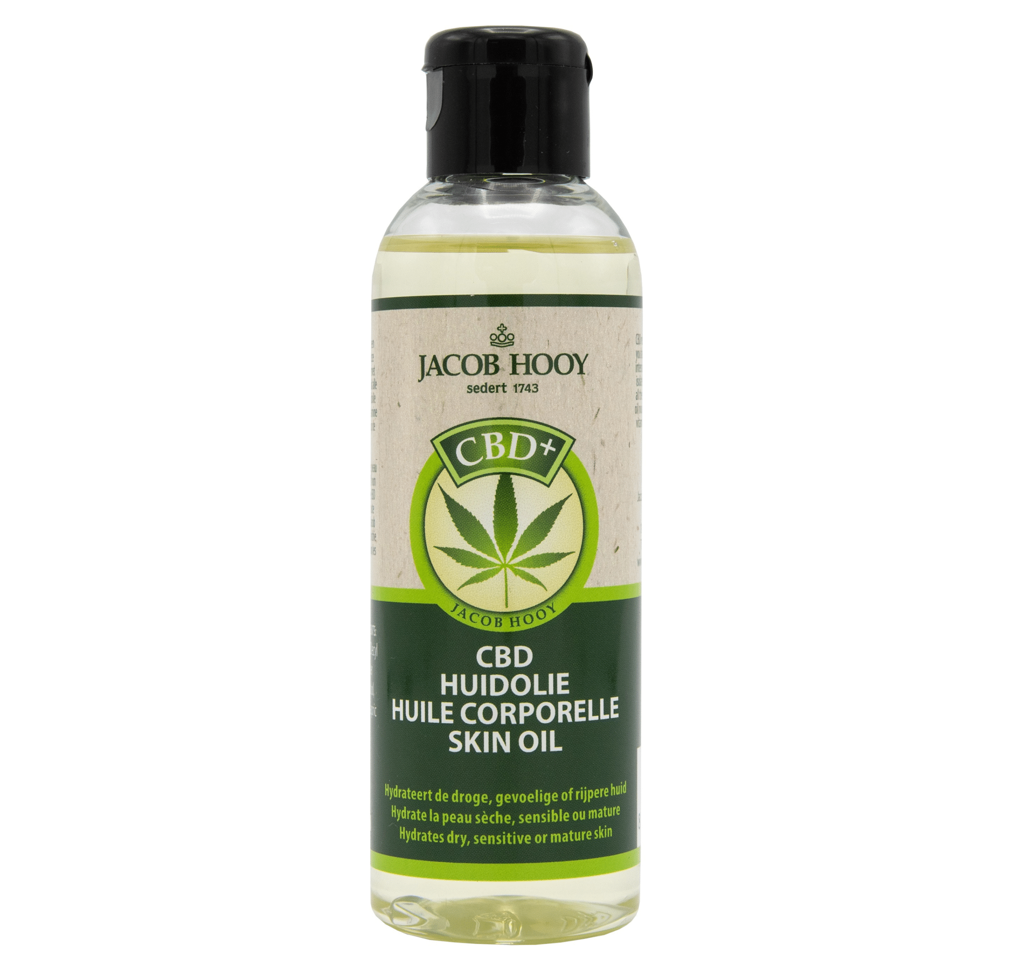 une bouteille d'huile de cbd sur fond blanc.