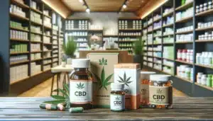 Produits CBD sur une table dans un magasin.