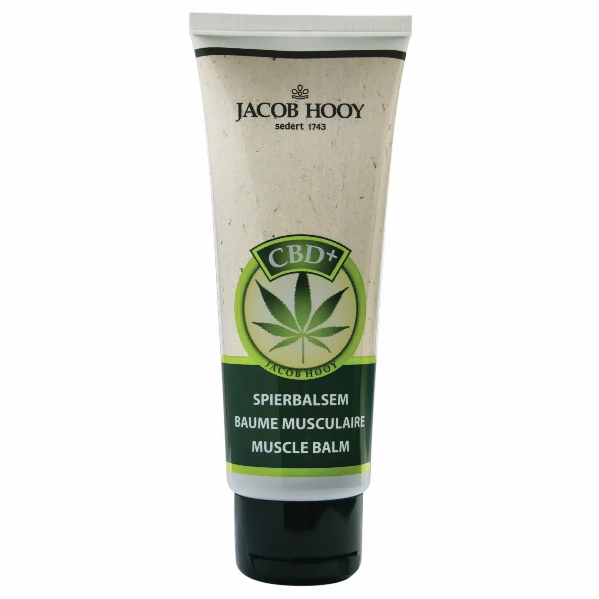 Un tube étiqueté Jacob Hooy - Baume musculaire au CBD (75ml) » présentant un motif de feuille de cannabis.