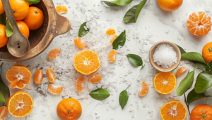 Un bol en bois d'oranges, une orange coupée en deux, des segments d'orange, des glaçons, un petit bol de sel et des feuilles vertes sont répartis sur une surface en marbre blanc.