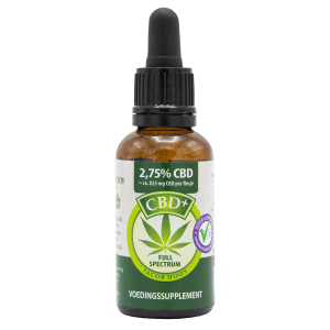 une bouteille d'huile de cbd sur fond blanc.