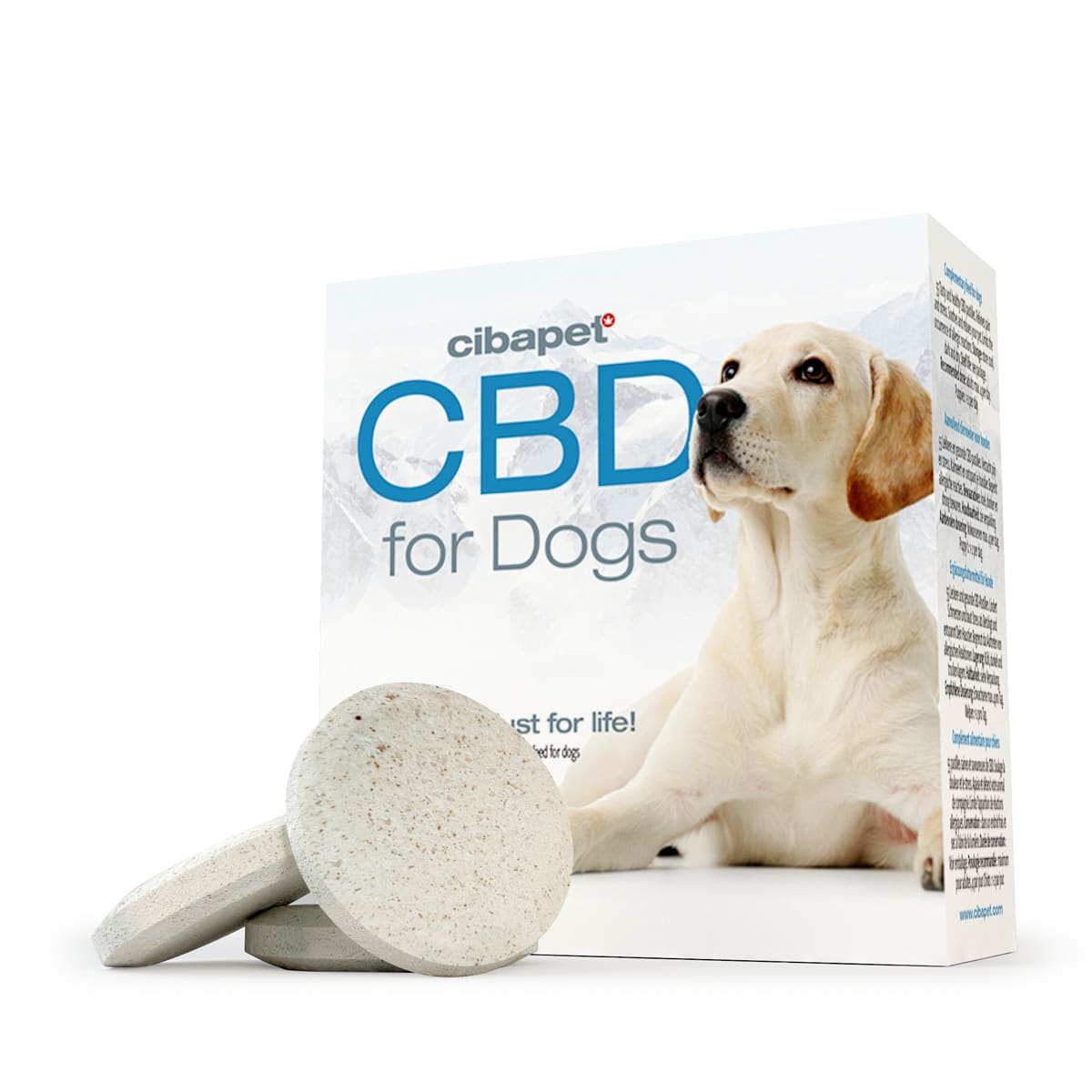 un paquet de cbd pour chiens avec un chien allongé à côté.