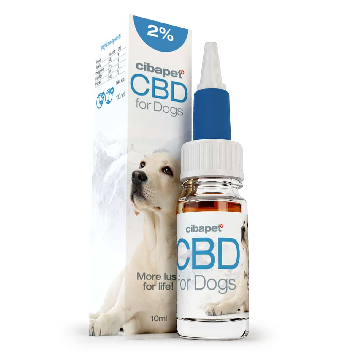 une bouteille de cbd pour chiens à côté d'une boîte.