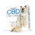 une boîte de cbd pour chat avec un chat à côté.