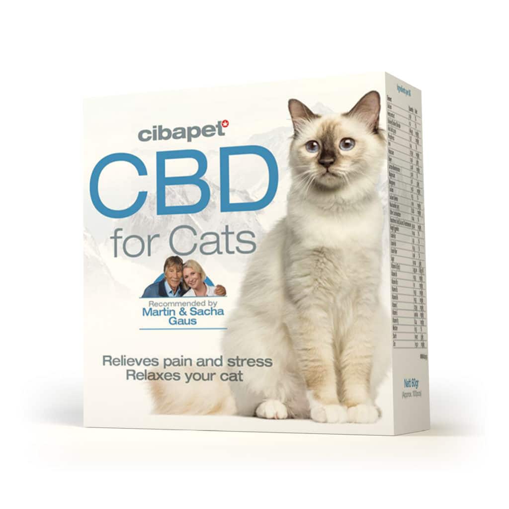 une boîte de cbd pour chats sur fond blanc.