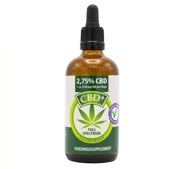 une bouteille d'huile de cbd sur fond blanc.