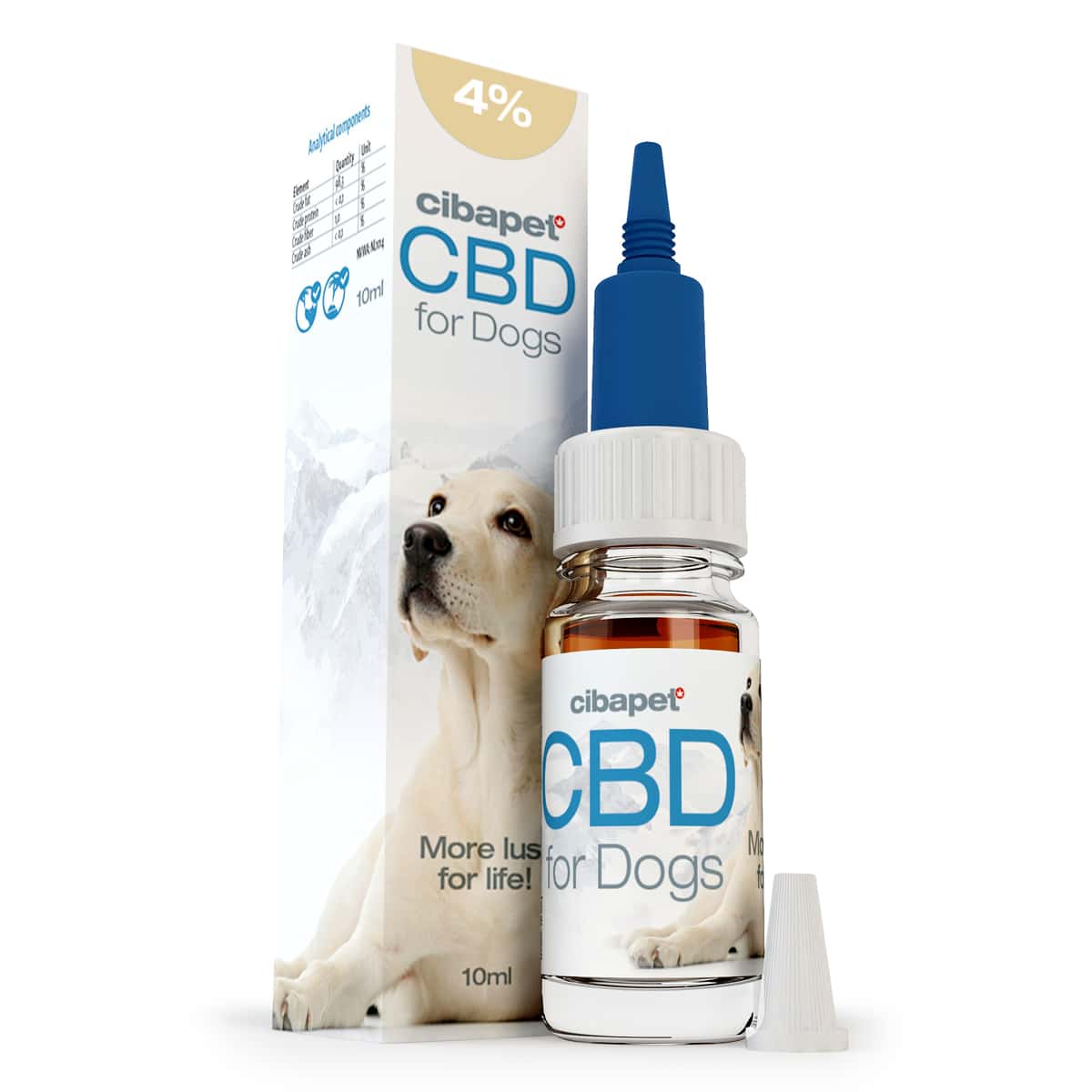 une bouteille de cbd pour chiens à côté d'une boîte.