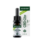 Un flacon d'Huile de CBD RAW 10% de Wedihemp avec une étiquette de 10 ml, munie d'un bouchon compte-gouttes. L'emballage est mis en valeur en arrière-plan par un motif de feuille de chanvre.