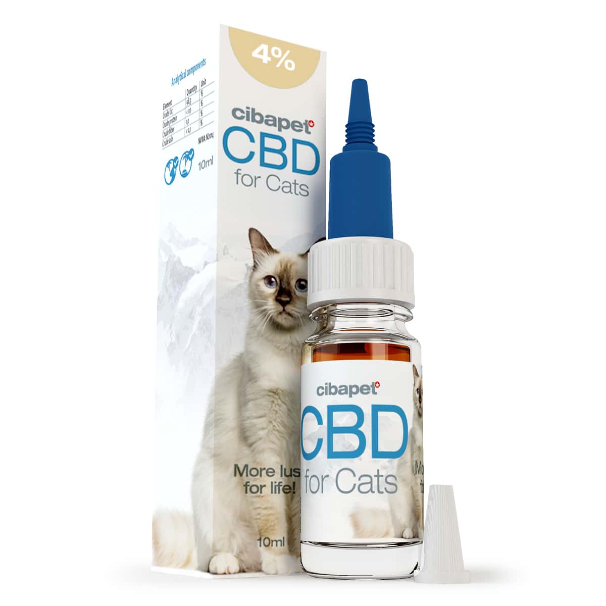 une bouteille de cbd pour chats à côté d'une boîte de cbd pour chats.