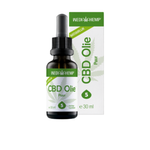 Flacon et boîte de Wedihemp Huile de CBD Pure 5% (30 ml), présentant un motif de feuille de cannabis verte.