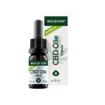 Un flacon de 10 ml d'huile CBD Wedihemp Huile d'olive 6% avec un compte-gouttes, à côté de son emballage.