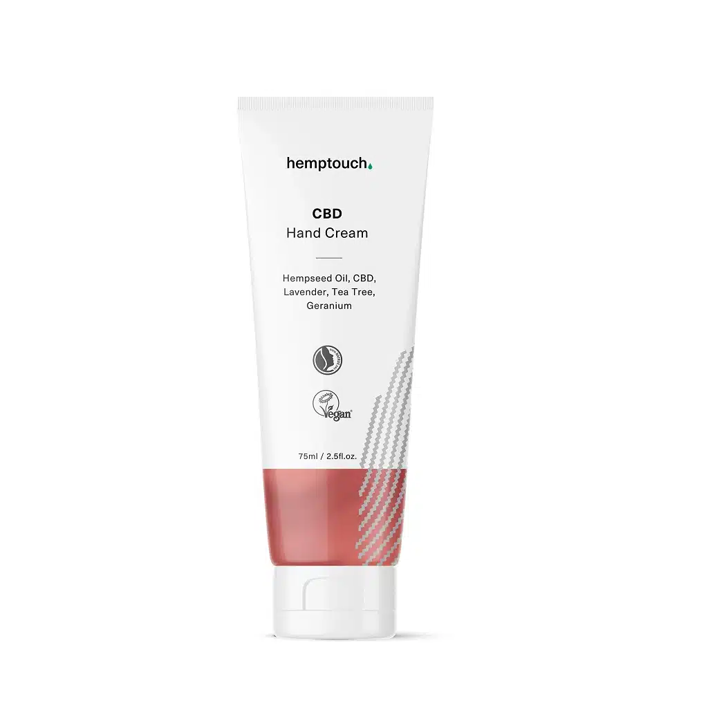 Hemptouch - Crème pour les mains au CBD, tube blanc de 75 ml avec une base rouge, contient de l'huile de chanvre, du CBD, de la lavande, de l'arbre à thé et du géranium. Végan et testé dermatologiquement.