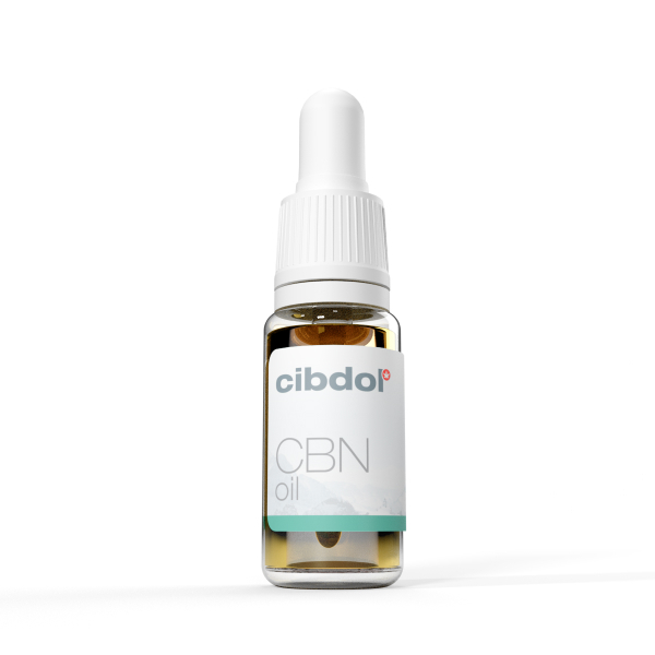 Flacon compte-gouttes de Cibdol - Huile 5% CBN et 2,5% CBD (10ml) isolé sur fond blanc.