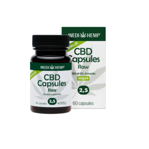 Un flacon et une boîte de capsules CBD Wedihemp 2,5%, contenant 60 pièces avec un extrait de CBD végétalien.