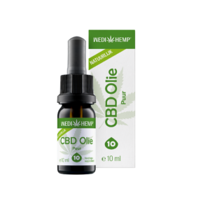 Un flacon de 10 ml d'Huile de CBD Pure 10% Wedihemp avec une boîte assortie, comportant un étiquetage vert et blanc et un bouchon compte-gouttes.