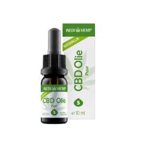 Un flacon d'Huile de CBD Pure 5% de Wedihemp avec compte-gouttes, à côté de son emballage vert et blanc. L'étiquette indique qu'il est naturel et contient 10 ml.