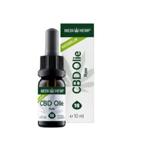 Une bouteille et une boîte de Wedihemp Huile de CBD RAW 18%, portant l'étiquette « Raw » avec « Natuurlijk » surligné en vert, sur fond blanc.