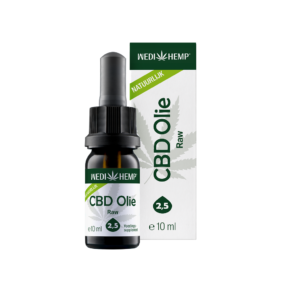 Un flacon de 10 ml de Wedihemp Huile de CBD RAW 2,5%, présenté à côté de son emballage.