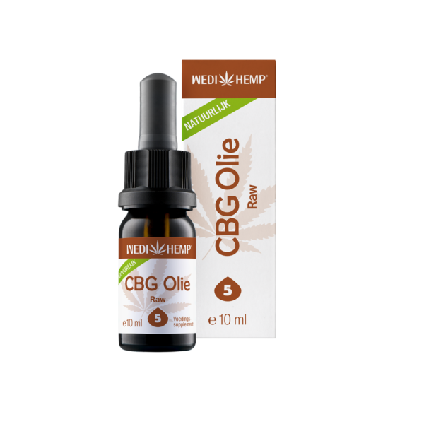 Un flacon d'huile Wedihemp Huile de CBG (cannabigerol) 5%, équipé d'un compte-gouttes et étiqueté 10 ml, est placé à côté de son emballage sur lequel est indiqué « Raw » et « Veiligheids-supplement ».