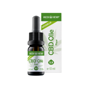 Un flacon de 10 ml de Wedihemp Huile de CBD Pure 2,5% est placé devant son emballage, qui présente un motif de feuille de chanvre et une étiquette indiquant « Natuurlijk ».