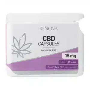 Le contenant de capsules Renova CBD 2,5% (10 mg par capsule) contient 30 capsules, avec un emballage présentant un design de feuille minimaliste sur un fond blanc et violet.