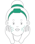 Illustration d'une personne aux yeux fermés et aux mains en coupe sur les joues, avec des points verts sur les joues et un bandeau vert, soulignant l'utilisation de Hemptouch - Écran Solaire Minéral Visage SPF 30 (50ml).