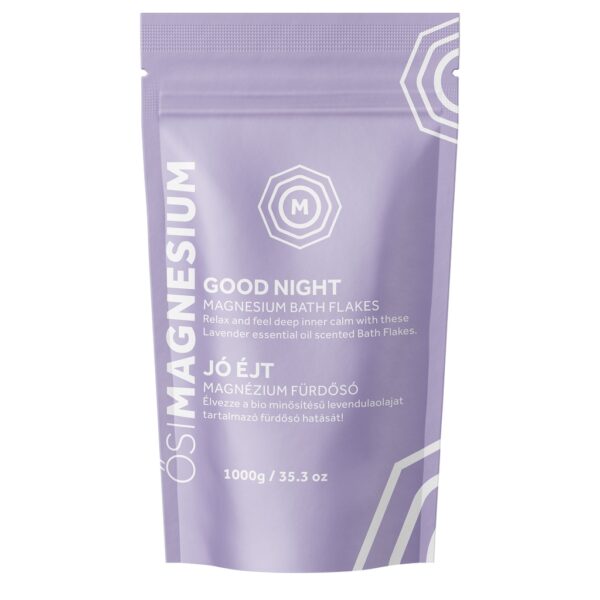 Sachet violet de flocons de bain au magnésium ĢŚI, étiqueté « Bonne nuit », d'un poids de 1 000 g/35,3 oz, au parfum d'huile essentielle de lavande.