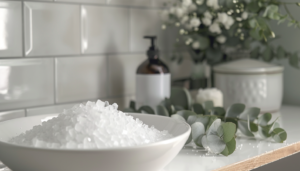 Un bol blanc rempli d'OsiMagnesium - Flocons de bain au magnésium Muscle Relax - Eucalyptus (1kg) est posé sur un plan de travail à côté de feuilles d'eucalyptus, d'une bouteille marron avec pompe, d'une bougie, d'un récipient en céramique blanche et de fleurs blanches.